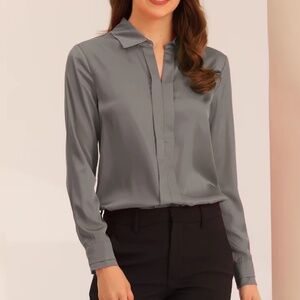 Allegra K Grey Satin Elegant V Neck Long Sleeve Silky Office Dress Work Blouse